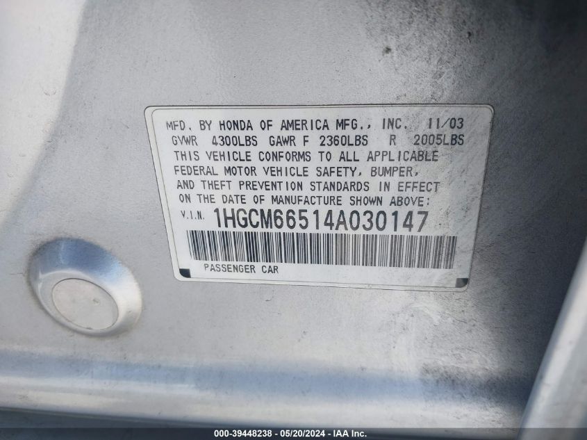2004 Honda Accord 3.0 Ex VIN: 1HGCM66514A030147 Lot: 39448238