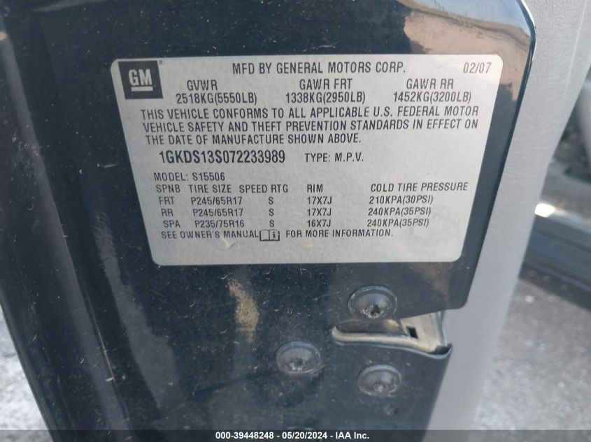 2007 GMC Envoy Sle VIN: 1GKDS13S072233989 Lot: 39448248