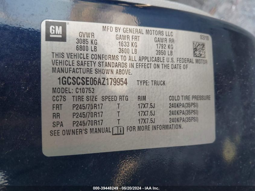 2010 Chevrolet Silverado 1500 Lt VIN: 1GCSCSE06AZ179954 Lot: 39448249