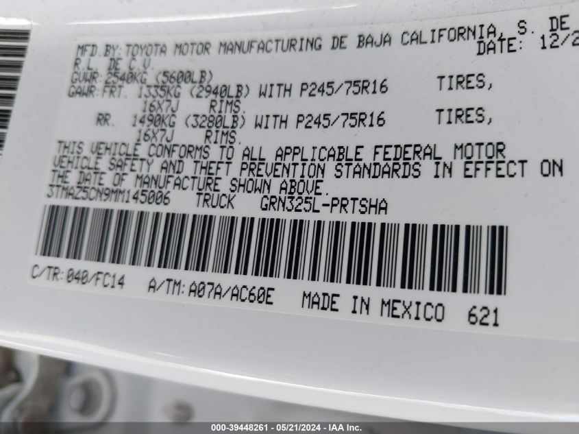 2021 Toyota Tacoma Sr5 V6 VIN: 3TMAZ5CN9MM145006 Lot: 39448261