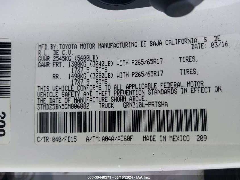 2016 Toyota Tacoma Trd Off Road/Trd Sport VIN: 3TMDZ5BN5GM006882 Lot: 39448273