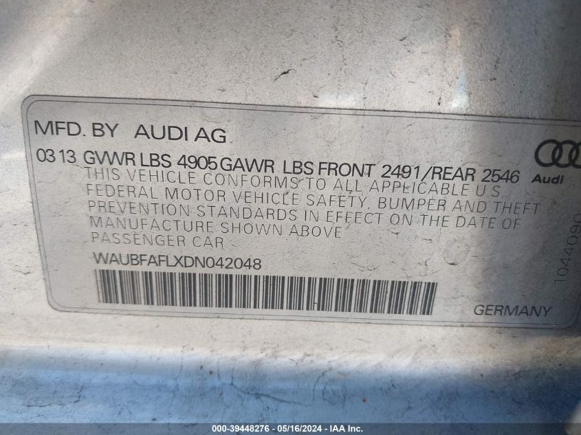 2013 Audi A4 2.0T Premium VIN: WAUBFAFLXDN042048 Lot: 39448276