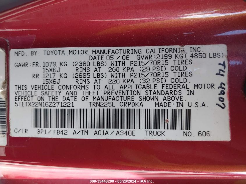 2006 Toyota Tacoma VIN: 5TETX22N16Z271221 Lot: 39448280