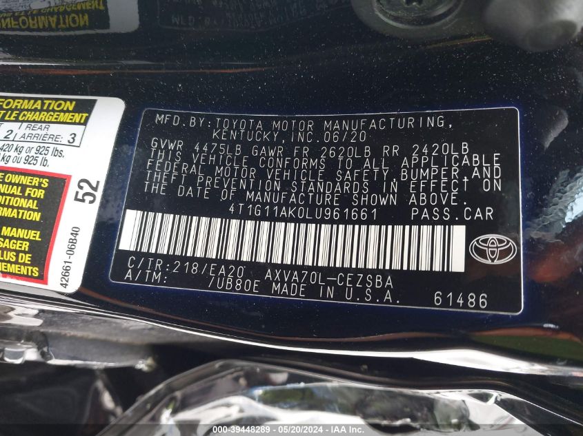 2020 Toyota Camry Se VIN: 4T1G11AK0LU961661 Lot: 39448289
