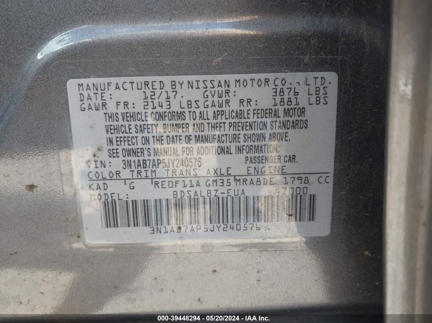 2018 Nissan Sentra S VIN: 3N1AB7AP5JY240576 Lot: 39448294