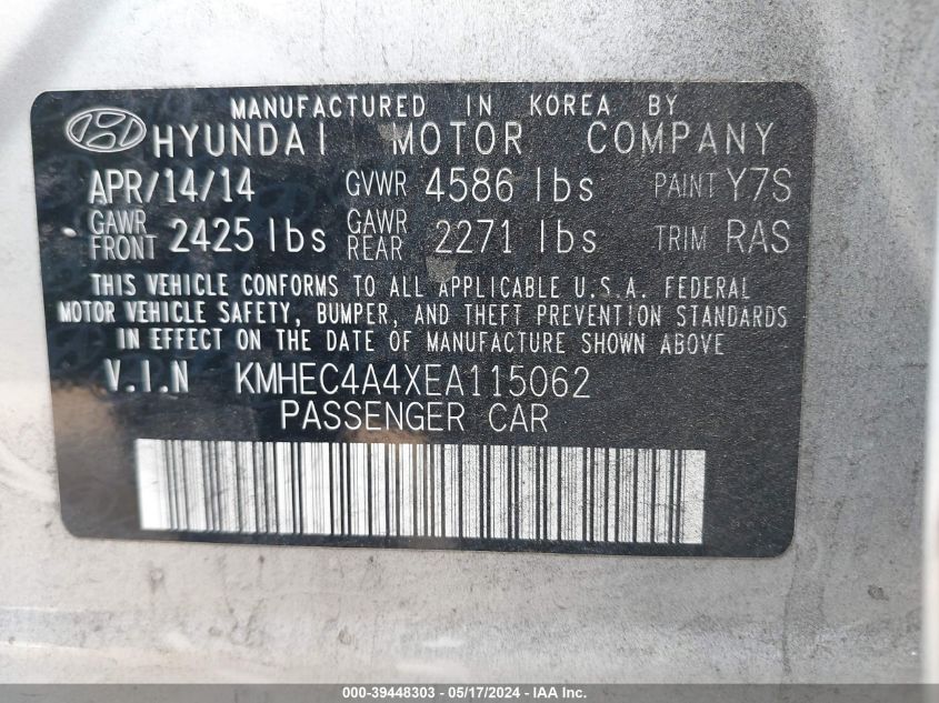 2014 Hyundai Sonata Hybrid VIN: KMHEC4A4XEA115062 Lot: 39448303