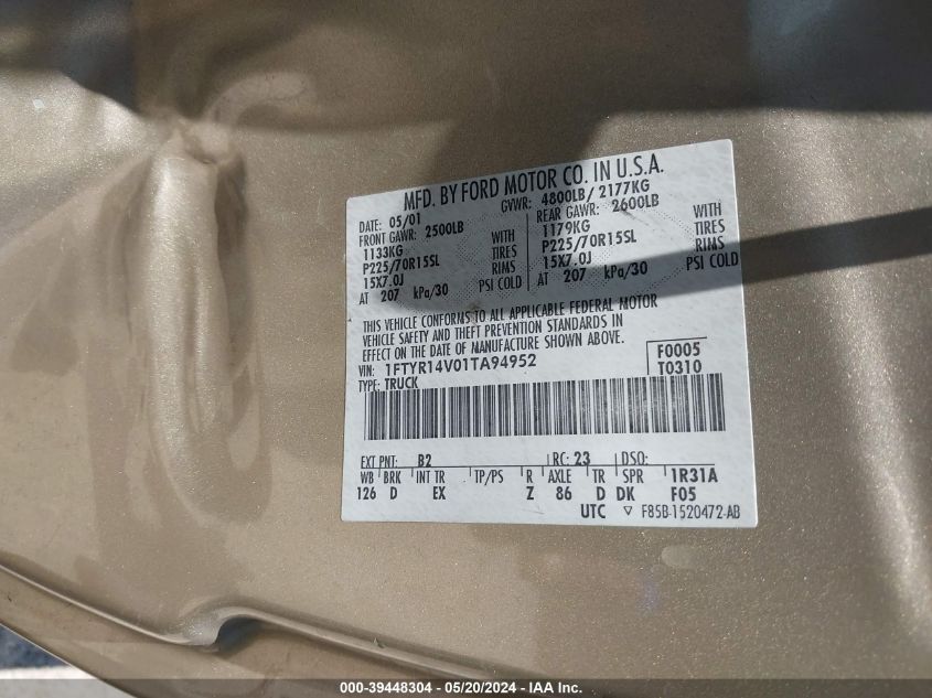 2001 Ford Ranger Edge/Xl/Xlt VIN: 1FTYR14V01TA94952 Lot: 40257927