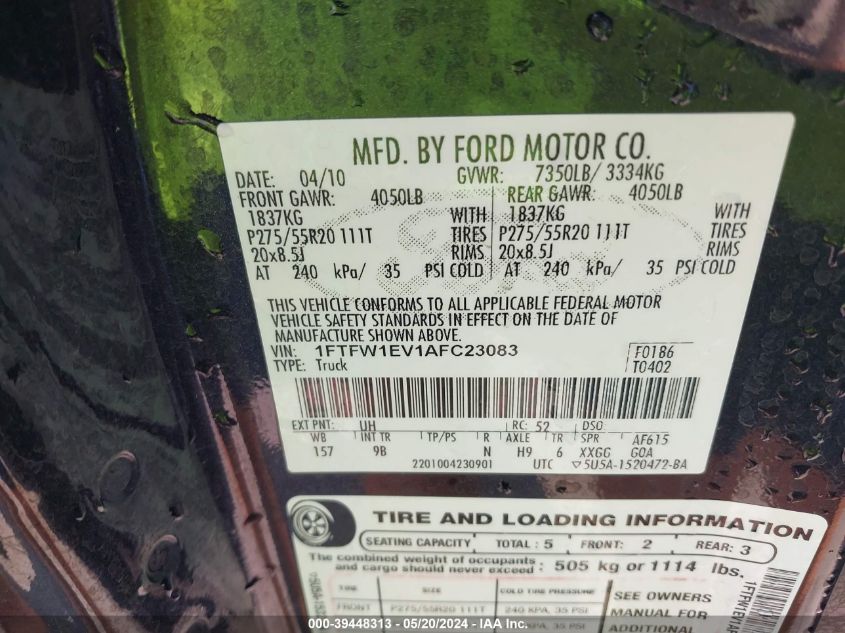 2010 Ford F-150 Fx4/Harley-Davidson/King Ranch/Lariat/Platinum/Xl/Xlt VIN: 1FTFW1EV1AFC23083 Lot: 39448313