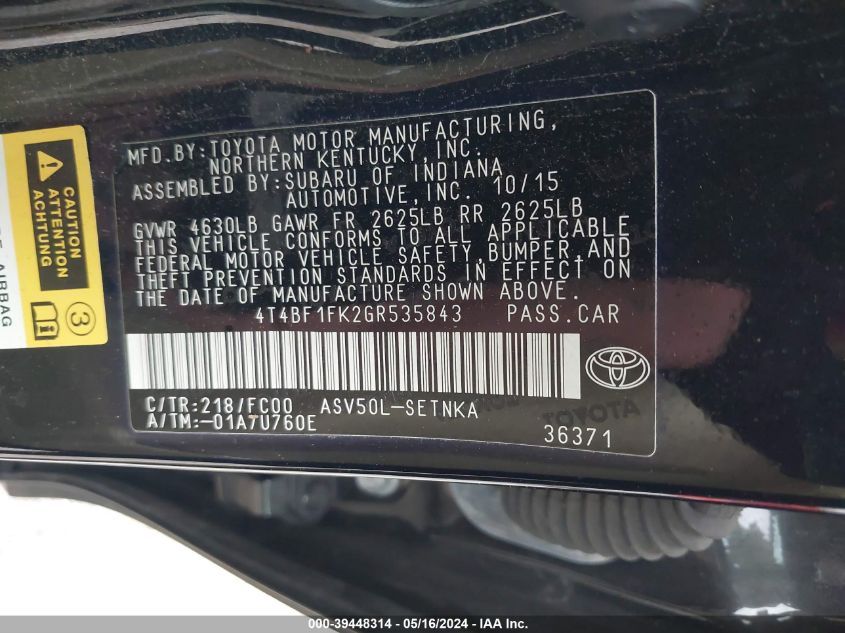 2016 Toyota Camry Le VIN: 4T4BF1FK2GR535843 Lot: 39448314