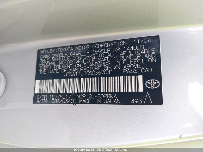 2005 Toyota Echo VIN: JTDAT123550367041 Lot: 39448332