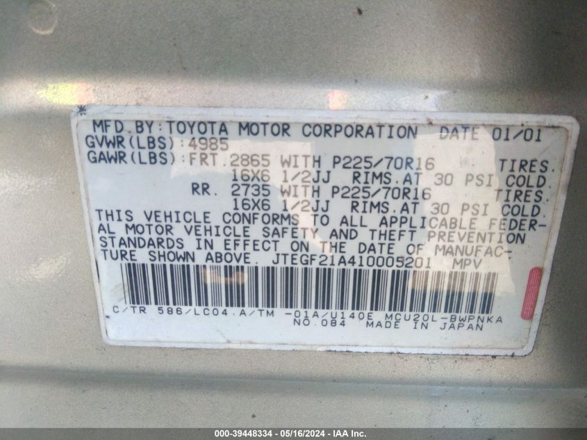 2001 Toyota Highlander V6 VIN: JTEGF21A410005201 Lot: 39448334