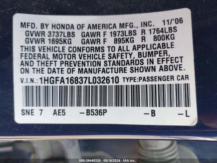 2007 Honda Civic Ex VIN: 1HGFA16837L032610 Lot: 39448335