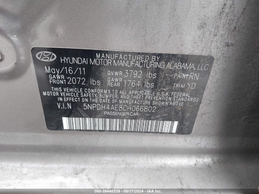 2012 Hyundai Elantra Gls VIN: 5NPDH4AE8CH066802 Lot: 39448339