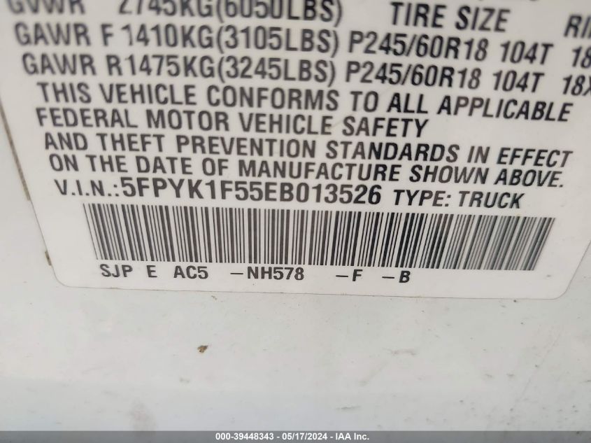 2014 Honda Ridgeline Rtl VIN: 5FPYK1F55EB013526 Lot: 39448343