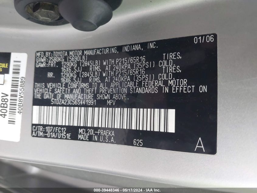 2006 Toyota Sienna Le VIN: 5TDZA23C56S441991 Lot: 39448346