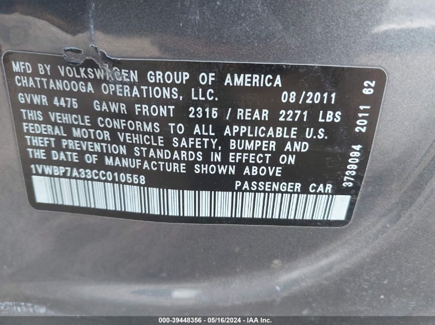 2012 Volkswagen Passat 2.5L Se VIN: 1VWBP7A33CC010558 Lot: 39448356
