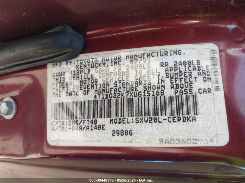 1999 Toyota Camry Ce VIN: 4T1BG22K7XU615108 Lot: 39448376