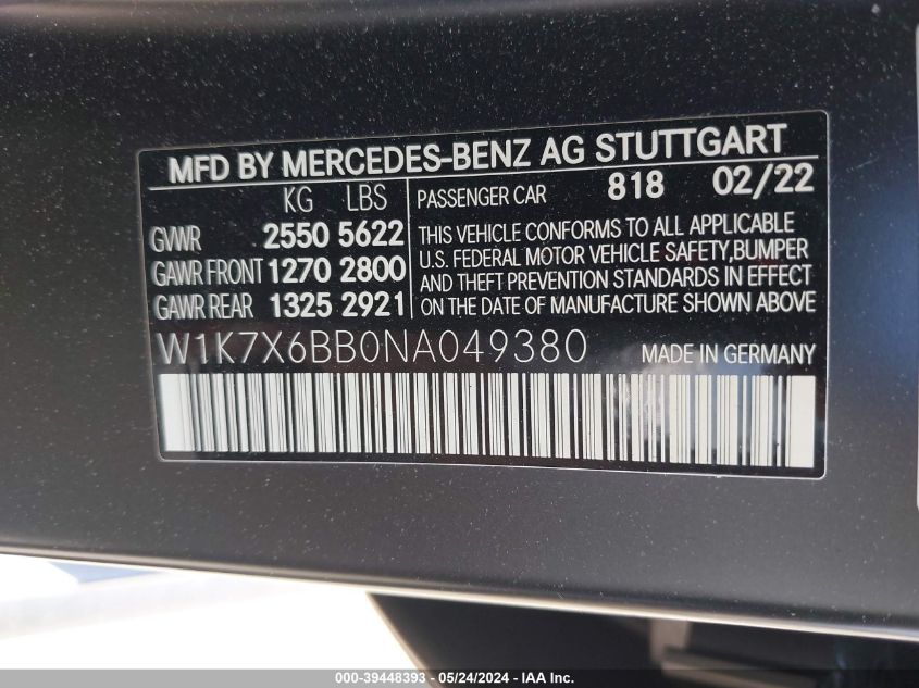 2022 Mercedes-Benz Amg Gt 53 4-Door Coupe VIN: W1K7X6BB0NA049380 Lot: 39448393