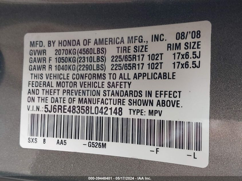 2008 Honda Cr-V Lx VIN: 5J6RE48358L042148 Lot: 39448401