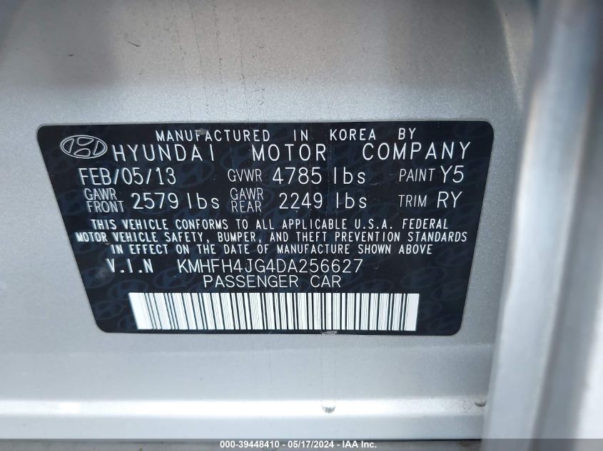 2013 Hyundai Azera VIN: KMHFH4JG4DA256627 Lot: 39448410