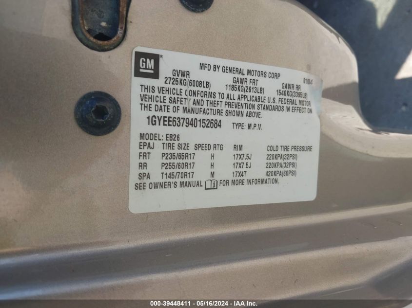 2004 Cadillac Srx VIN: 1GYEE637940152684 Lot: 39448411