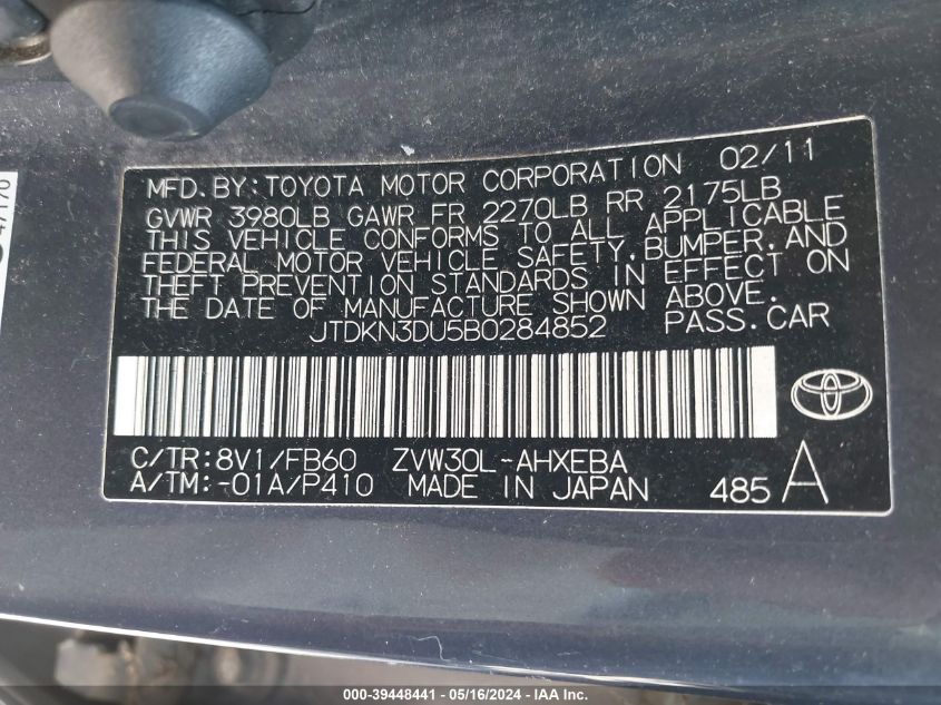 JTDKN3DU5B0284852 | 2011 TOYOTA PRIUS