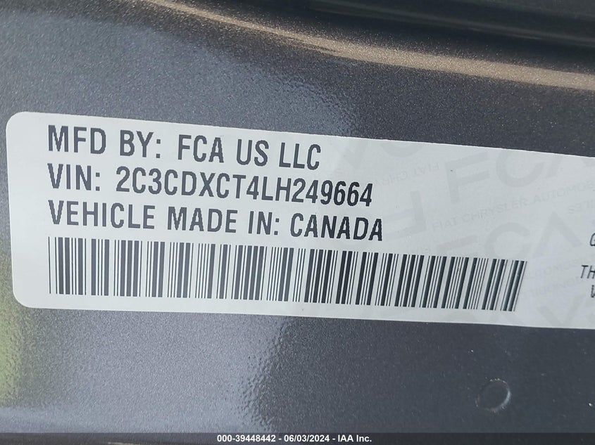 2020 Dodge Charger R/T Rwd VIN: 2C3CDXCT4LH249664 Lot: 39448442