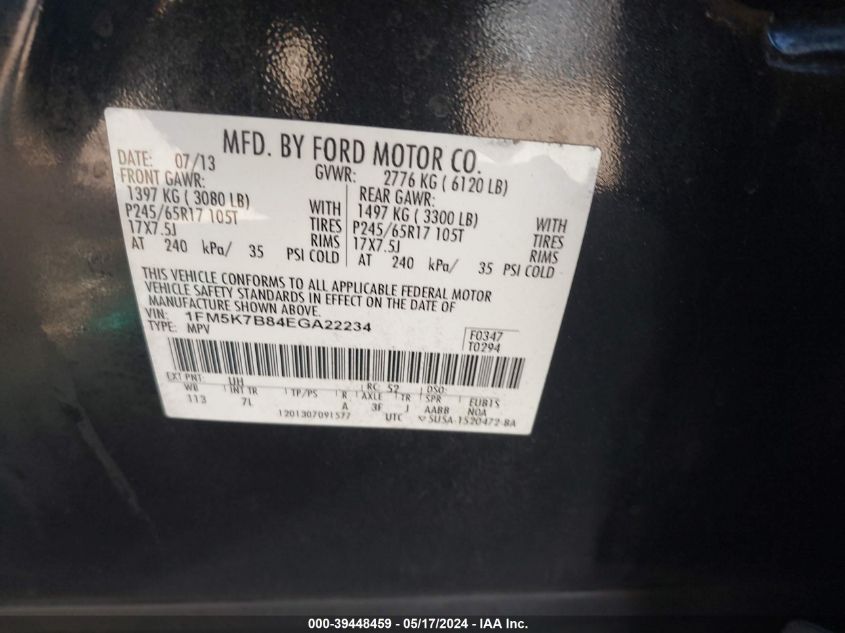 2014 Ford Explorer VIN: 1FM5K7B84EGA22234 Lot: 39448459