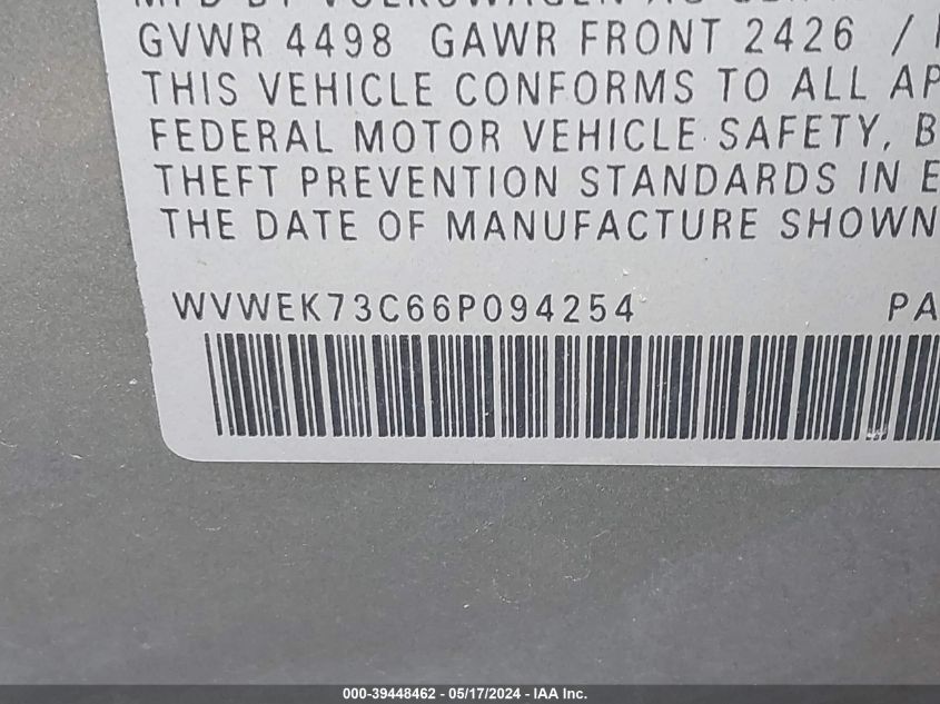 2006 Volkswagen Passat Sedan 2.0T Luxury VIN: WVWEK73C66P094254 Lot: 39448462