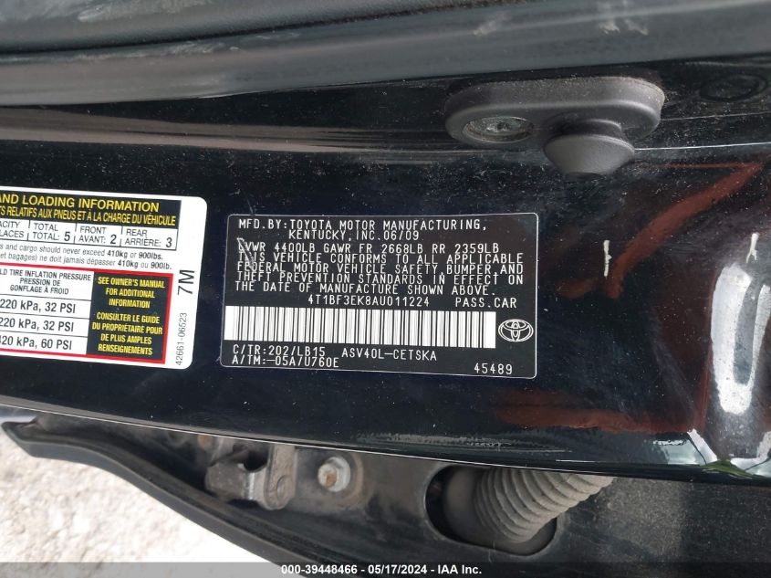 2010 Toyota Camry Se VIN: 4T1BF3EK8AU011224 Lot: 39448466