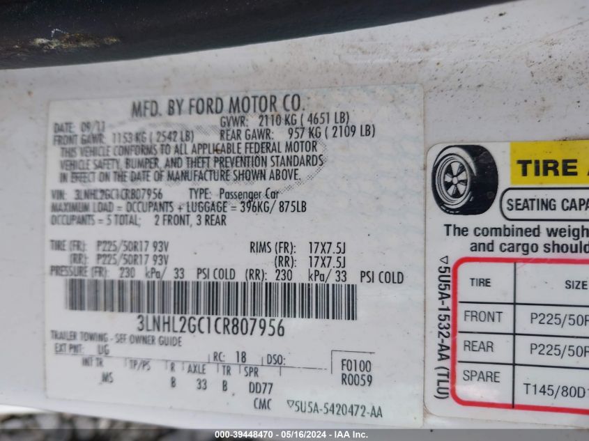 2012 Lincoln Mkz VIN: 3LNHL2GC1CR807956 Lot: 39448470