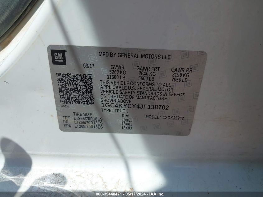 2018 Chevrolet Silverado 3500Hd Wt VIN: 1GC4KYCY4JF138702 Lot: 39448471