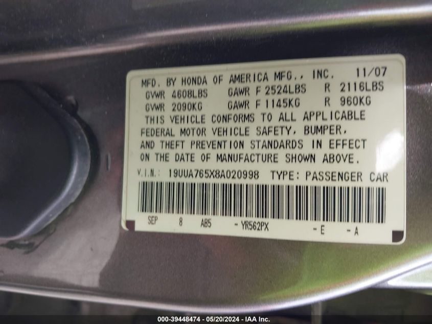 2008 Acura Tl Type S VIN: 19UUA765X8A020998 Lot: 39448474