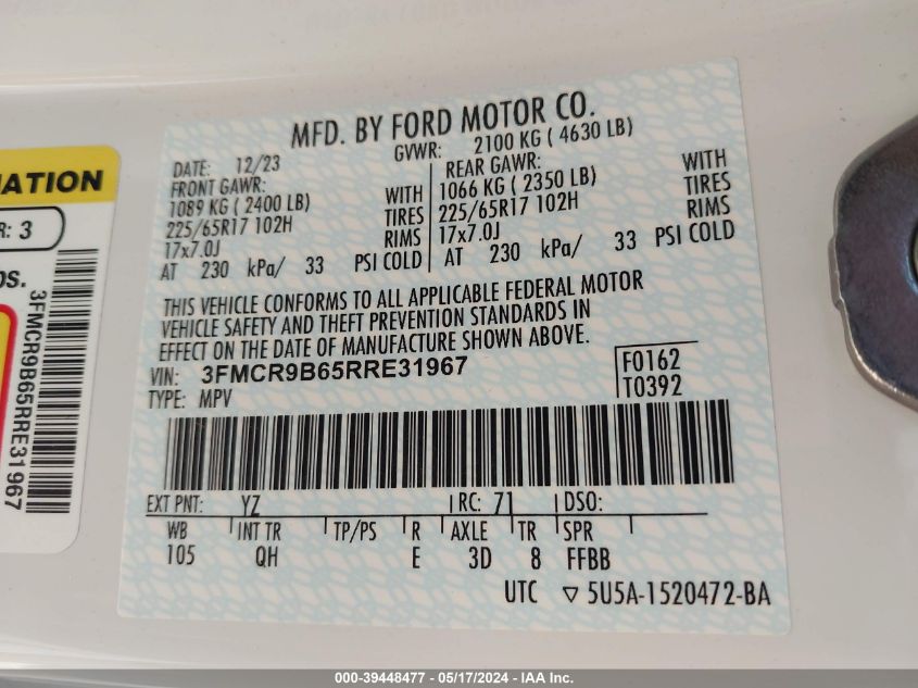 2024 Ford Bronco Sport Big Bend VIN: 3FMCR9B65RRE31967 Lot: 39448477