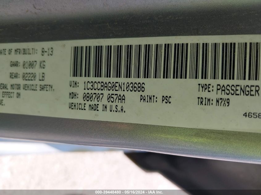 2014 Chrysler 200 Lx VIN: 1C3CCBAG0EN103686 Lot: 39448480