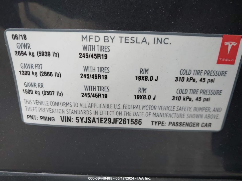 2018 Tesla Model S 100D/75D/P100D VIN: 5YJSA1E29JF261586 Lot: 39448485