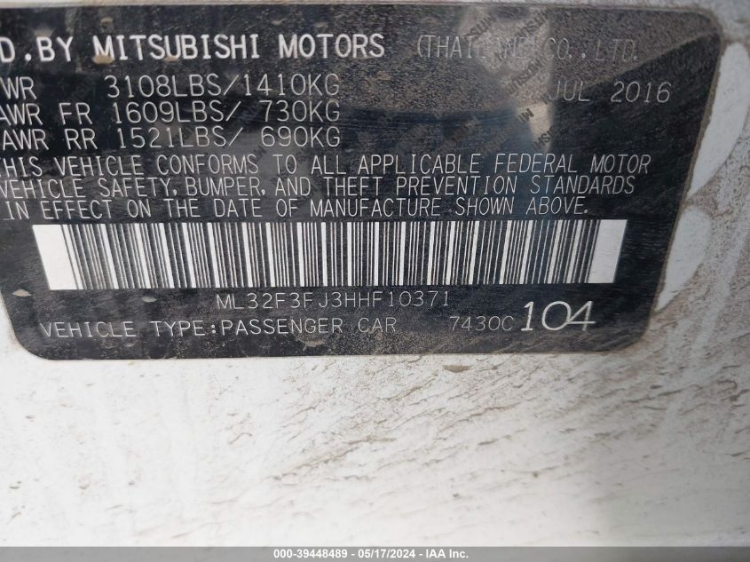 2017 Mitsubishi Mirage G4 Es VIN: ML32F3FJ3HHF10371 Lot: 39448489