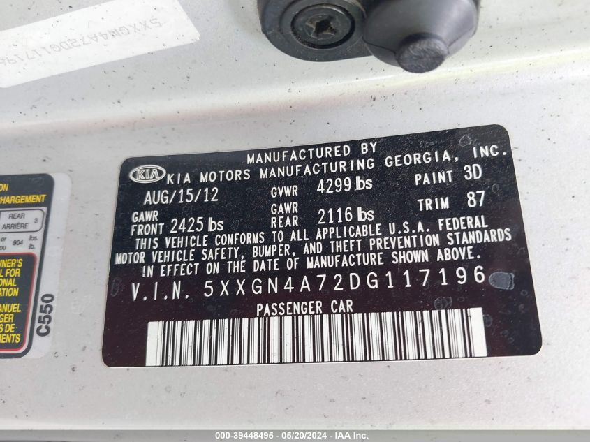 2013 Kia Optima Ex VIN: 5XXGN4A72DG117196 Lot: 39448495