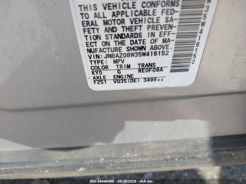 2005 Nissan Murano S VIN: JN8AZ08W35W416152 Lot: 39448499