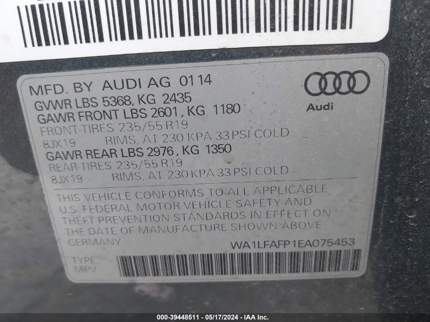 2014 Audi Q5 Premium Plus VIN: WA1LFAFP1EA075453 Lot: 39448511