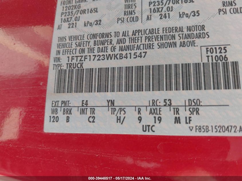 1998 Ford F-150 Standard/Xl/Xlt VIN: 1FTZF1723WKB41547 Lot: 39448517