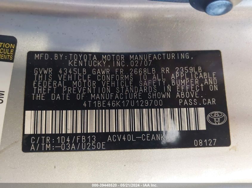 2007 Toyota Camry Le VIN: 4T1BE46K17U129700 Lot: 39448520