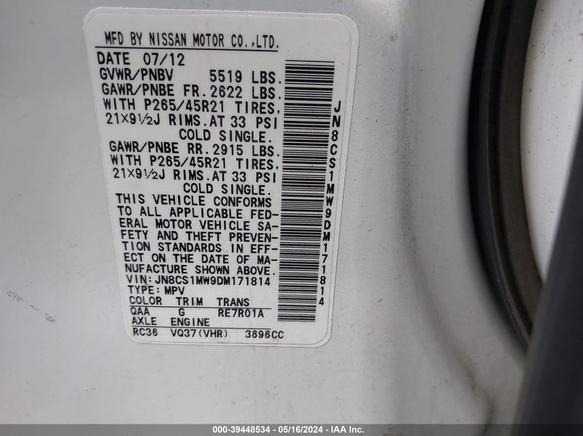 2013 INFINITI FX37 LIMITED EDITION - JN8CS1MW9DM171814