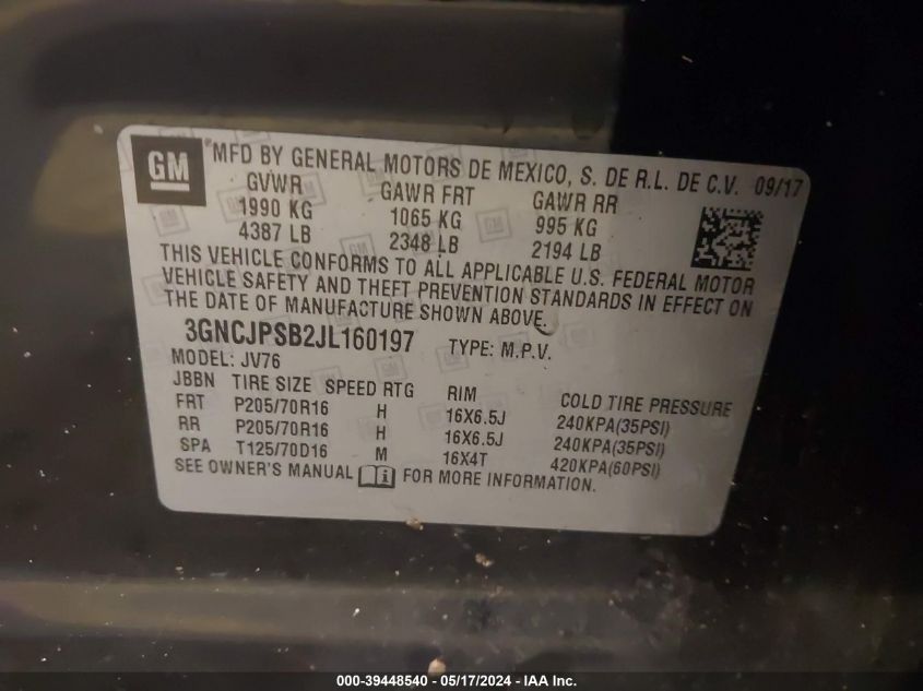 2018 Chevrolet Trax Lt VIN: 3GNCJPSB2JL160197 Lot: 39448540