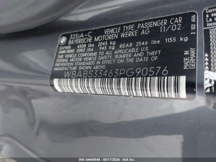 2003 BMW 325 Ci VIN: WBABS33463PG90576 Lot: 39448546