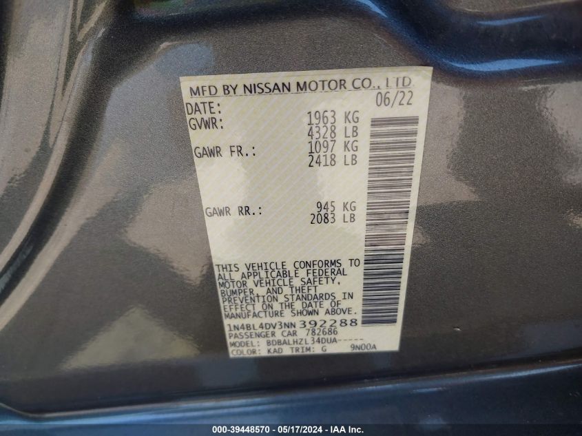 2022 Nissan Altima Sv Fwd VIN: 1N4BL4DV3NN392288 Lot: 39448570