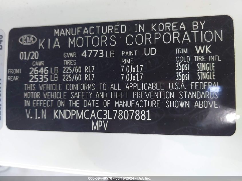 KNDPMCAC3L7807881 2020 Kia Sportage Lx