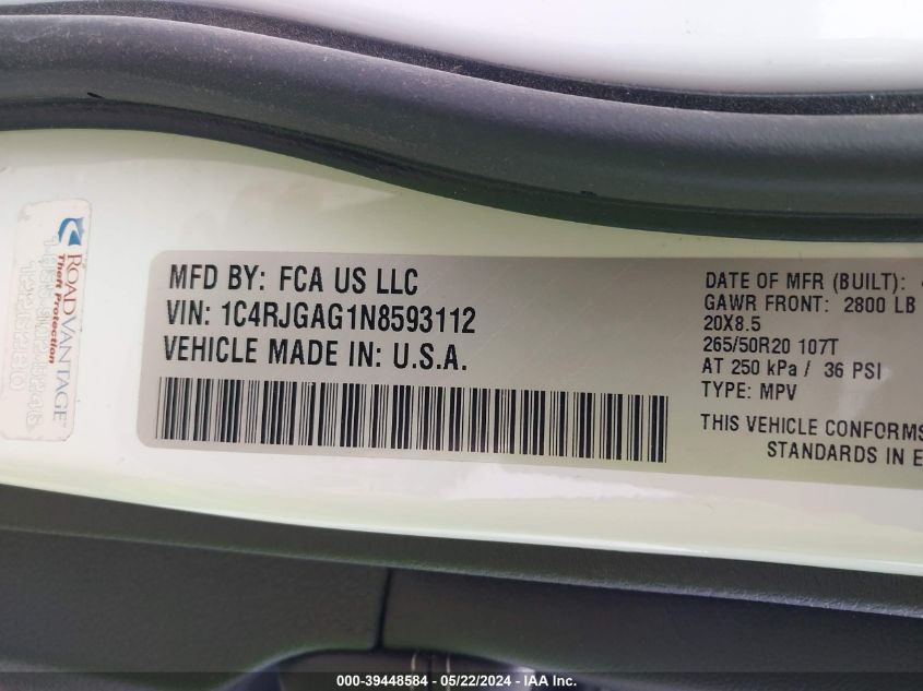 2022 Jeep Grand Cherokee Altitude 4X2 VIN: 1C4RJGAG1N8593112 Lot: 39448584