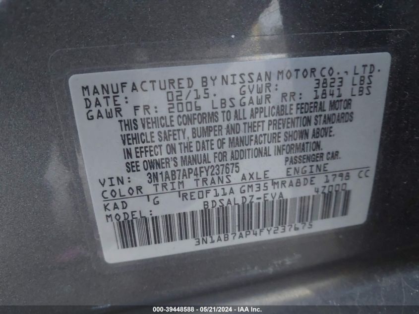 2015 Nissan Sentra Sv VIN: 3N1AB7AP4FY237675 Lot: 39448588