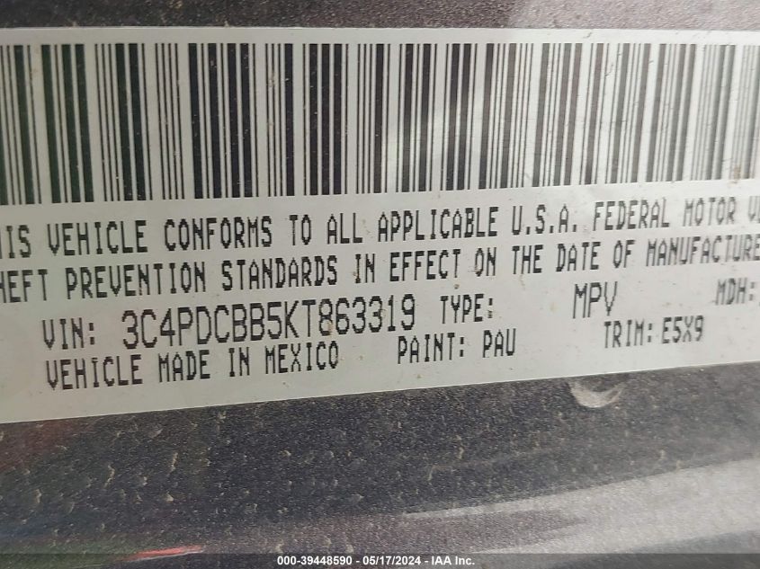 2019 Dodge Journey Se VIN: 3C4PDCBB5KT863319 Lot: 39448590